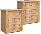 26" Tall Farmhouse Nightstand Set of 2, 3 Drawers End Table w/Charging Station, 23.6" Wide Large Side Table w/Roman Column, Wood Rustic Sofa Table for Bedroom, Natrual