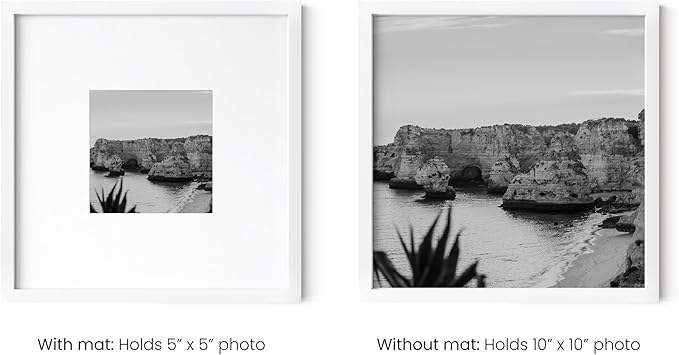 HAUS AND HUES 10x10 White Metal Picture Frame Matted to 5x5 - Features Vertical & Horizontal Hanging, Shatterproof Plexiglass - Ideal for Home, Room, Office (10x10 in, White, Set of 1)