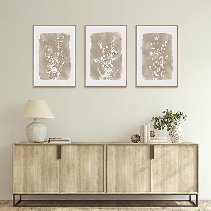 HPINUB Large Boho Wildflowers Canvas Framed Wall Art Set,Minimalist Vintage Flower Wall Decor,Beige Floral Botanical Artwork for Living Room Bedroom,Dining Room,Office -24"x36"x3