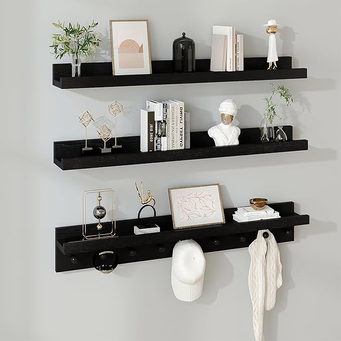MBYD Black Picture Ledge Shelf with Hooks, 24 Inch Floating Book Shelves Kids Room, Wall Mounted Nursery Bookshelves, Hanging Bookshelf for Bedroom, Living Room, Kitchen, Bathroom Set of 3
