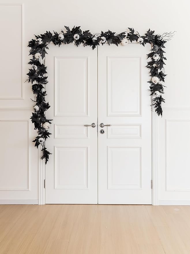 MISSPIN 6FT Black Maples Leaf Garland, Halloween Fall Leaf Garland Artificial Hanging Black Maple Autumn Vine Fall Decor Maple Thanksgiving Halloween Home Decor