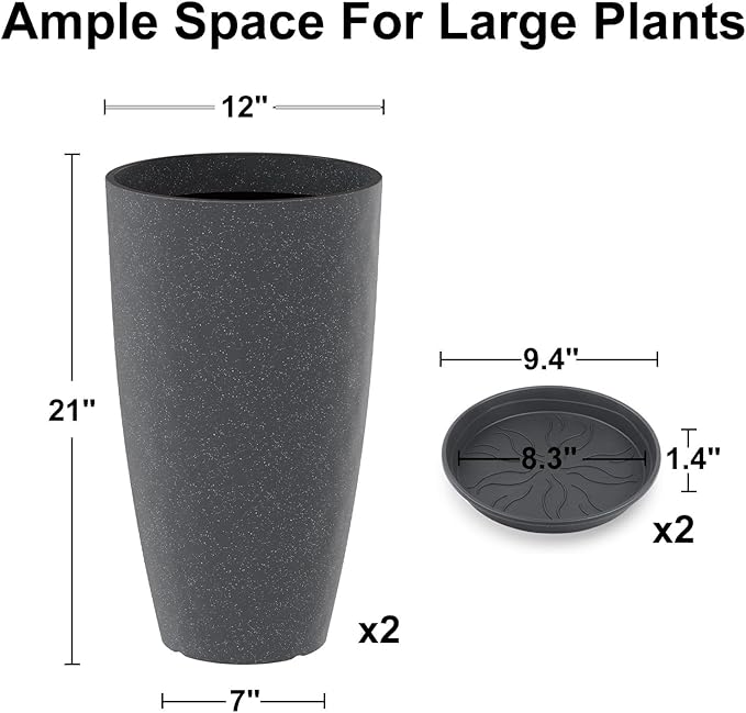 GameXcel Tall Flower Pot Indoor - Outdoor Plant Pot - Black Glossy Planter - Elegant Stone Imitation - 12" Diameter 21" Tall with Drainage Holes and Saucer 2Pack