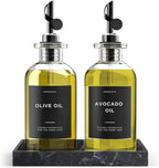 Olive Oil Dispenser Set With Silicone Tray & 40 Labels - 2 Black Bottles (500ml / 17oz) for Kitchen, Soy Sauce, Coffee Syrup