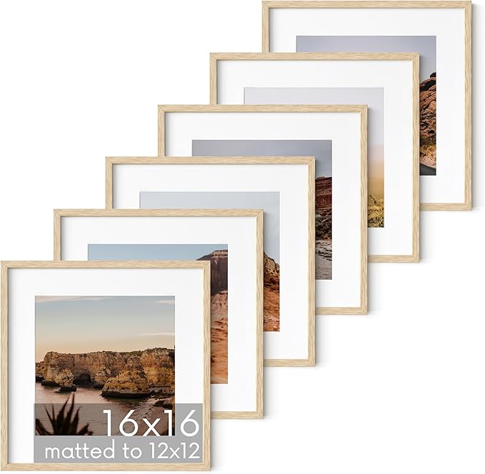 HAUS AND HUES Solid Oak Wood 16”x16” Picture Frames Matted to 12”x12” Set of 6-16x16 Gallery Wall Frame Set, Square Picture Frames Pack of 6, 16 x 16 Square Frames with Mat (Beige Oak Frames)