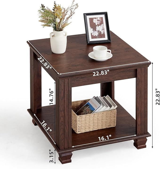 Farmhouse End Table,Large Side Table with 2-Tier Storage Shelf,Rustic Brown End Tables for Living Room,Square Tea Table,Walnut