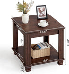 Farmhouse End Table,Large Side Table with 2-Tier Storage Shelf,Rustic Brown End Tables for Living Room,Square Tea Table,Walnut