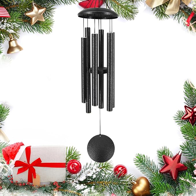 Sympathy Memorial Wind Chimes, 36' with 6 Metal Tubes, Outdoor Deep Tone for Garden, Christmas Hanging Decor - Black Grey