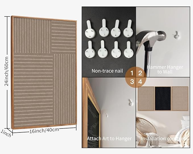 Tinonedraw Mid Century Modern Framed Canvas Wall Art Set of 3, Neutral Abstract Art Prints, Black and Brown Geometric Minimalist Wall Decor for Living Room Bedroom Office Dining Room 16"x24"x3