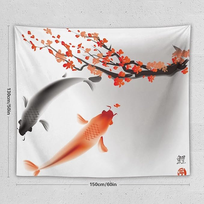 Houselerax Japanese Koi Fish Tapestry, Cherry Blossoms Asian Oriental Flower Branch Koi Fish Carp Tapestries Wall Hanging for Bedroom Living Room Office Decor 60"x50"