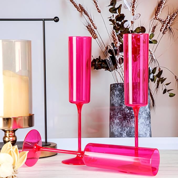 Ciaell 24 Pack Plastic Champagne Flutes - Hot Pink 6 Oz Disposable Champagne Glasses - Square Plastic Toasting Glasses for Party Birthday Anniversary Wedding