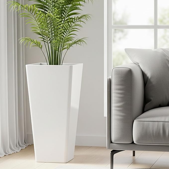 WORTH Garden Large 28 in.Tall Planters Set of 2 for Indoor and Outdoor, Heavy Duty Plastic White Modern Taper Flower Plant Pots with Drainage Hole and Dual-Purpose Tray for Front Porch, Patio