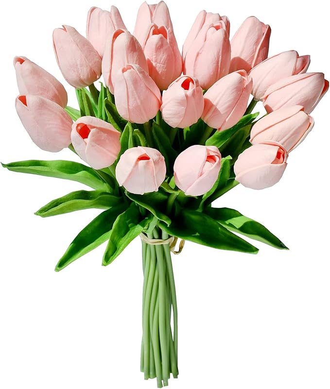 Mandy's Artificial Tulips 20 Stems Light Pink PU Faux Flowers for Wedding Home Decor 13.5 Inch