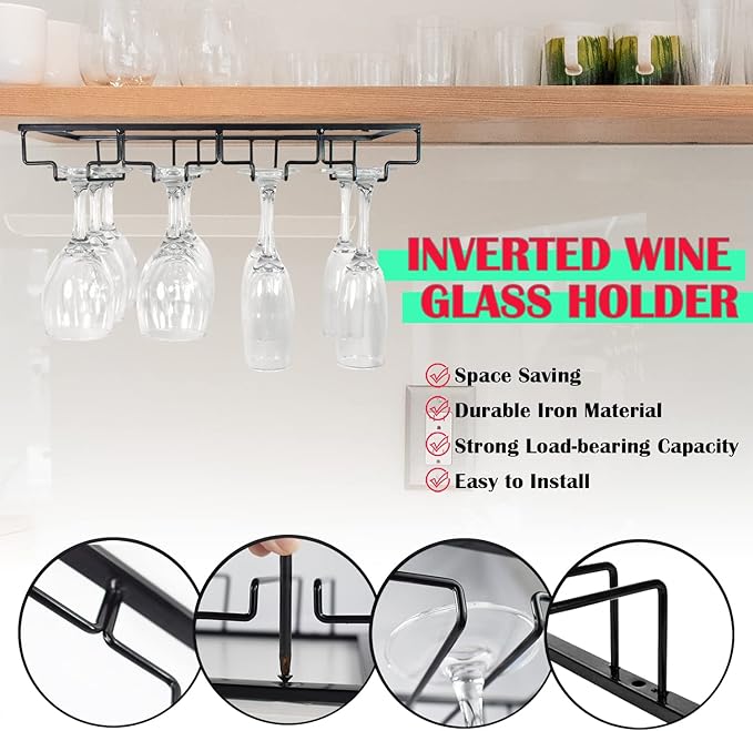 4 Rows Wine Glass Rack Under Cabinet Hanging Stemware Wine Glass Holder Under Shelf Wire Wine Glasses Racks Hanger for Bar, Kitchen (1, 4 Rows)