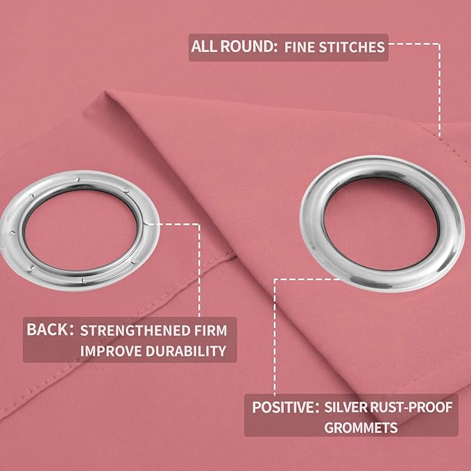 Easy-Going Blackout Curtains for Bedroom, Solid Thermal Insulated Grommet and Noise Reduction Window Drapes, Room Darkening Curtains for Living Room, 2 Panels (52x84 in,Pink)