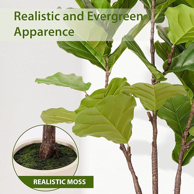 Artificial Fiddle Leaf Fig Tree, 6FT Faux Ficus Lyrata Plant with Realistic Leaves, Lifelike Home Decor Faux Tree in Stylish Pot for Indoor, Office, Living Room Decor (6ft)