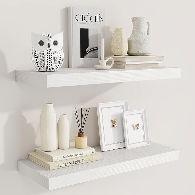 Fun Memories 24 Inch Floating Shelves for Wall, 9 Inch Deep White Rustic Wood Wall Mounted Shelves for Bathroom, Kitchen, Living Room, Set of 2