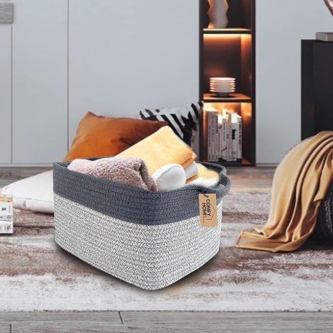 COMFY-HOMI Cotton Rope Woven Basket with Handles for Shelves,Toys,Book, Cloth Storage Baskets Bin for Organizing-13.5"x11"x9.5" Toy Decorative Organizer for Living Room, Bathroom-Light Grey