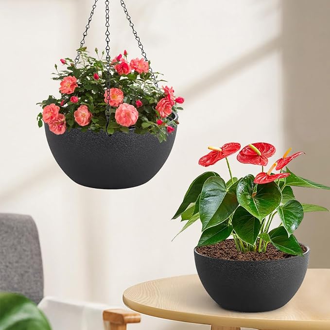 13 inch Hanging Planters for Indoor Plants, 2 Pack Planters for Outdoor Plants with Drainage Holes and Chain, Round Plastic Hanging Baskets, Hanging Flower Pots for Balcony Garden Decor-Black