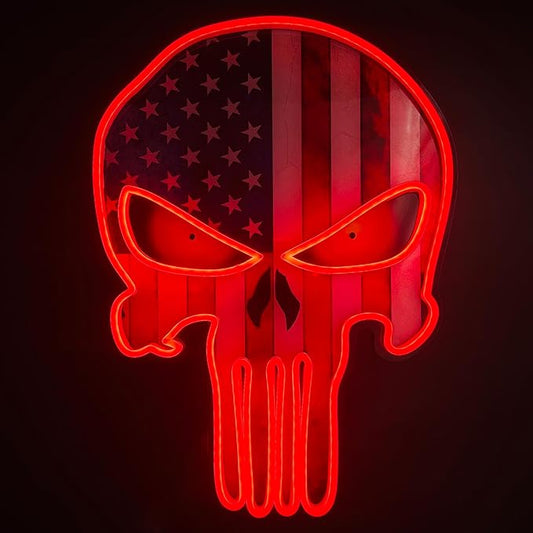 American Flag Skull Neon Sign – LED Wall Light for Game Room, Bar, Man Cave, Bedroom – USB or Battery Powered Acrylic Skull Decor for Halloween, Party, Retro Gaming Room