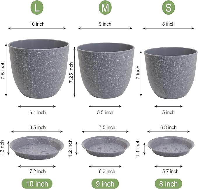 10/9/8 inch Plant Pots, Set of 3 Modern Decorative Plastic Planters with Drainage Holes and Saucers for Garden House Plants, Flower Pots for Indoor Outdoor Plants, Speckled Grey