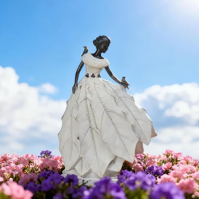 DiliComing Fairy Garden Accessories Outdoor Statue - Table Decor for Living Room Garden Maiden Bookshelf Decor Xmas Resin Holly Leaves Maiden White Statue 10.5 * 6.0 * 14.5 Inch