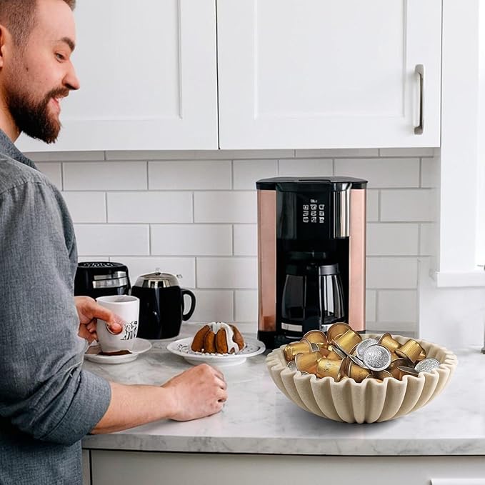 Large Decorative Bowl, Modern Handicraft Bowls for Home Decor, Decorative Fruit Bowl for Kitchen Counter, Ruffle Decor, Stylish Key Bowl for Entry Table, Artificial Stone Beige