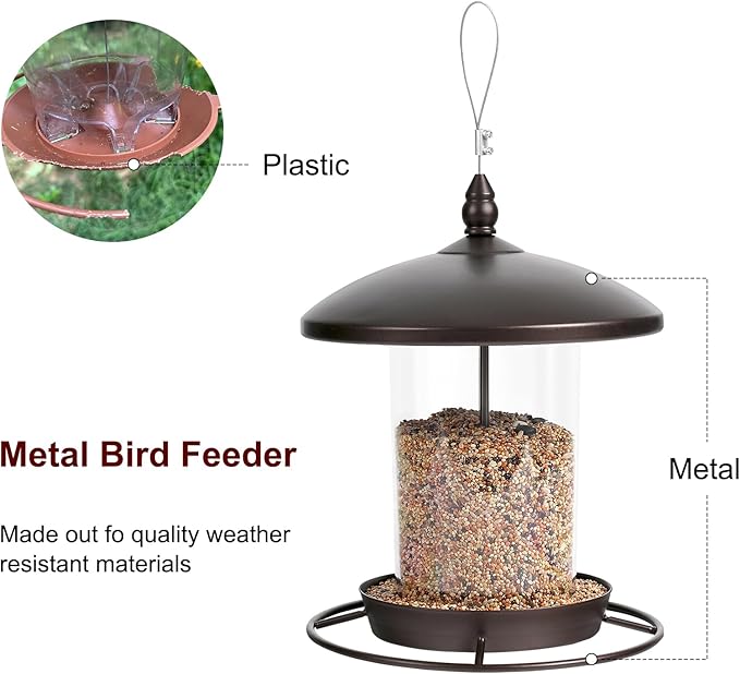 Metal Bird Feeder for Outdoors Hanging,3.0LB Seed Feeder,Easy to Fill & Clean,360° Feeding,Weatherproof Roof for Gardens and Wild Birds,Brown
