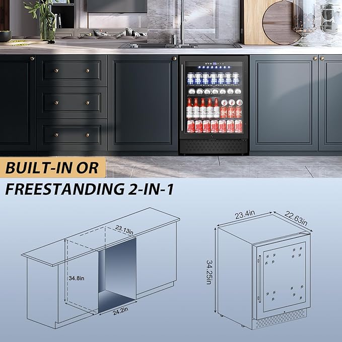Tylza Beverage Refrigerator 24 Inch, Under Counter/Freestanding Drink Fridge, 190 Cans Beverage Cooler with Glass Door, Reversible Door, Low Noise, Quick Cooling - for Beer, Soda, ETC, Black