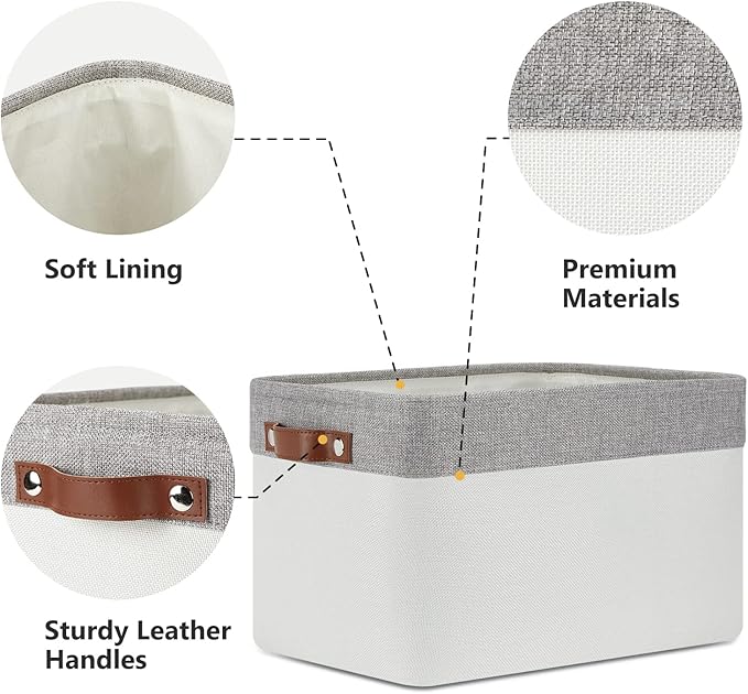 DULLEMELO Storage Baskets for Organizing, Shelves,Bedroom, Decorative Storage Bins with Leather Handles, Fabric Storage Basket for Office, Toys(3-Pack Medium-15 inch X 11 inch X 9.5 inch , Grey&White)