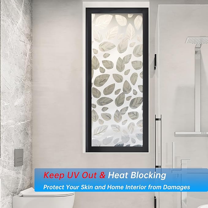 Window Privacy Film with Installation Tools, Static Cling, Anti UV, Heat Control, Ideal for Home Shower Office Glass Door (Leaf White (Glue-Free), 23.6X196.9Inch)