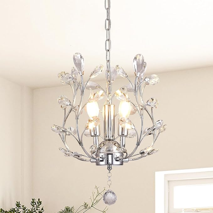 Ganeed 3-Light Branch Crystal Chandelier, Small Flush Mount Vintage Pendant Hanging Lighting, K9 Crystal Farmhouse Ceiling Light for Dining Room Bedroom Living Room Kitchen Hallway, Chrome Silvery