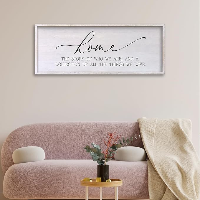 Home The Story of Who We Are Sign Farmhouse Family Wall Decor 32x12 Inch Plaque Wood Framed Art for Hanging (White)