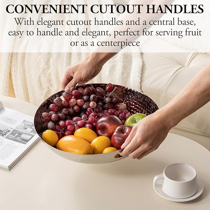 MyGift 14 Inch Deluxe Decorative Dish Tray Centerpiece Base, Silver Tone Plated Hammered Aluminum Fruit Bowl Serving Platter with Cutout Handles - Handcrafted in India
