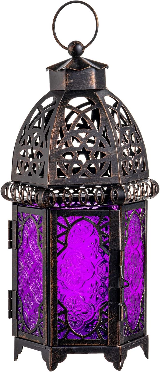 NEEDOMO Moroccan Candle Lantern, 12.8'' Hanging Lanterns Decorative Indoor Outdoor, Vintage Candle Holder for Chritsmas, Halloween, Table, Patio, Porch, Shelf, Gothic Home Decor (Purple)