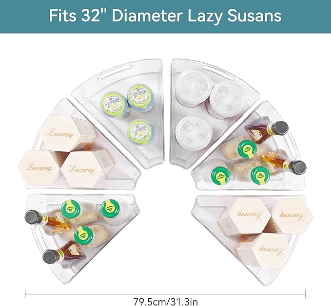 Oubonun Lazy Susan Organizers Set of 6, 12.8’’ x 11.7’’ x 4’’ Plastic Transparent Kitchen Cabinet Storage Bins with Handle, 4" Deep Container, 1/8 Wedge - Food Safe, without BPA