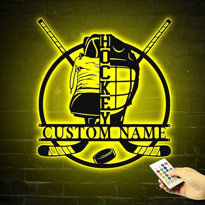 Personalized Ice Hockey Neon Sign - Custom Name Wall Light with Helmet and Crossed Sticks, 16-Color LED with Remote Control, Hockey Decor for Boys, Man Cave, Game Room, Gift for Players, Fans