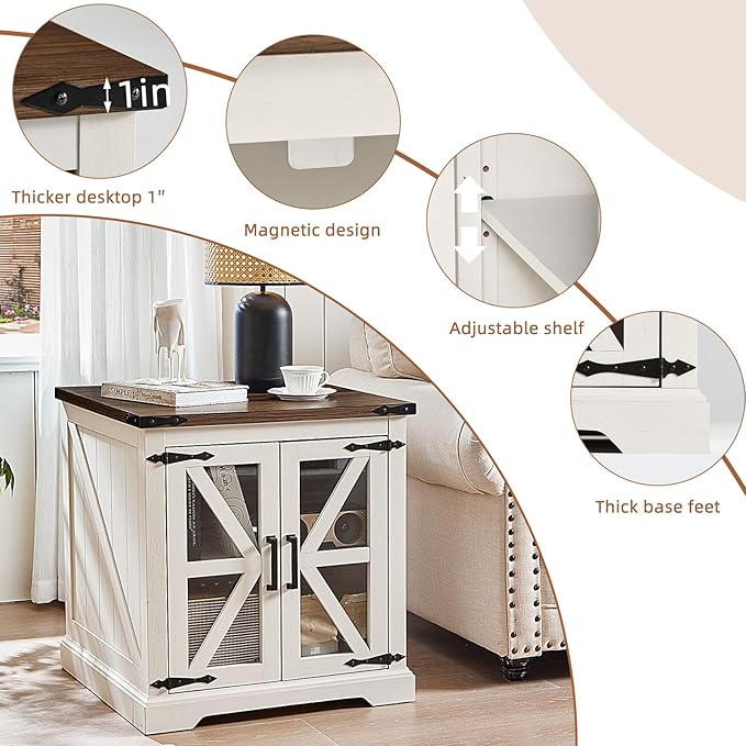 24" End Table with Charging Station, Farmhouse Night Stand with Glass Barn Door, White Nightstands with Adjustable Storage Shelf, Large Wood Square Bed Side Table for Living Room,Bedroom