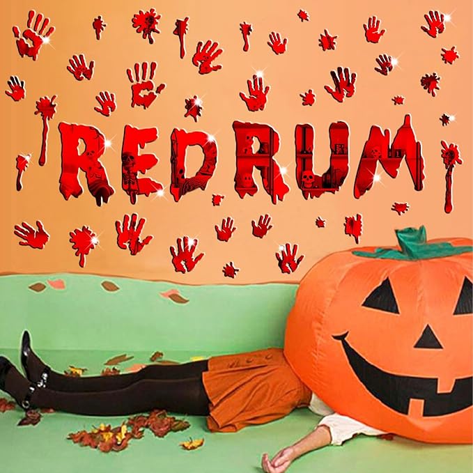Halloween Decorations Stickers for Wall Bloody Handprint Decals for Bathroom Mirror Acrylic Halloween Party Supplies Decal Peel and Stick Scary Red Blood Stickers for Haunted House Party Home Office