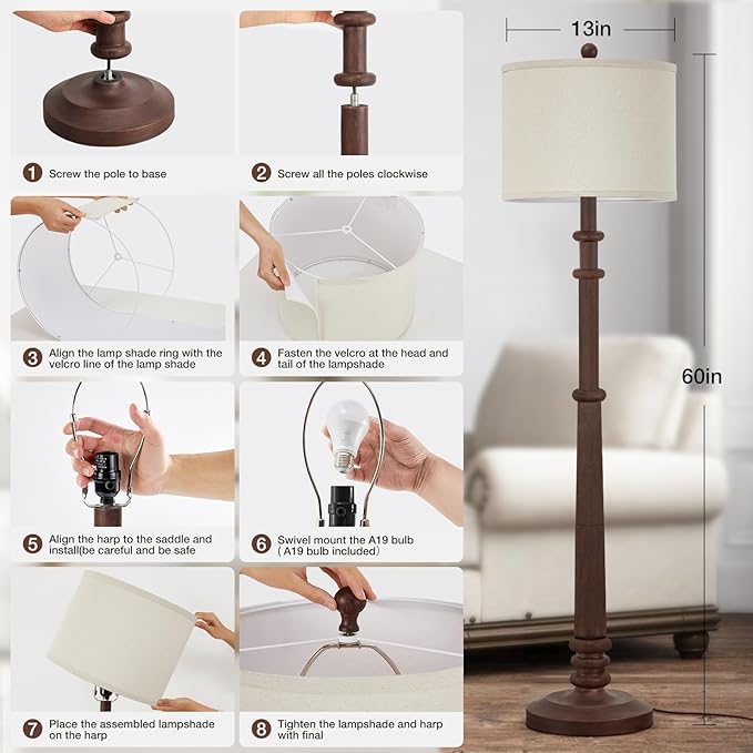Floor Lamps for Living Room - 60" Resin Farmhouse Floor Lamp with 3 Color Temperatures - Vintage Standing Lamp Reading Light with Linen Shade Tall Lamp for Bedroom Office, Reddish Brown