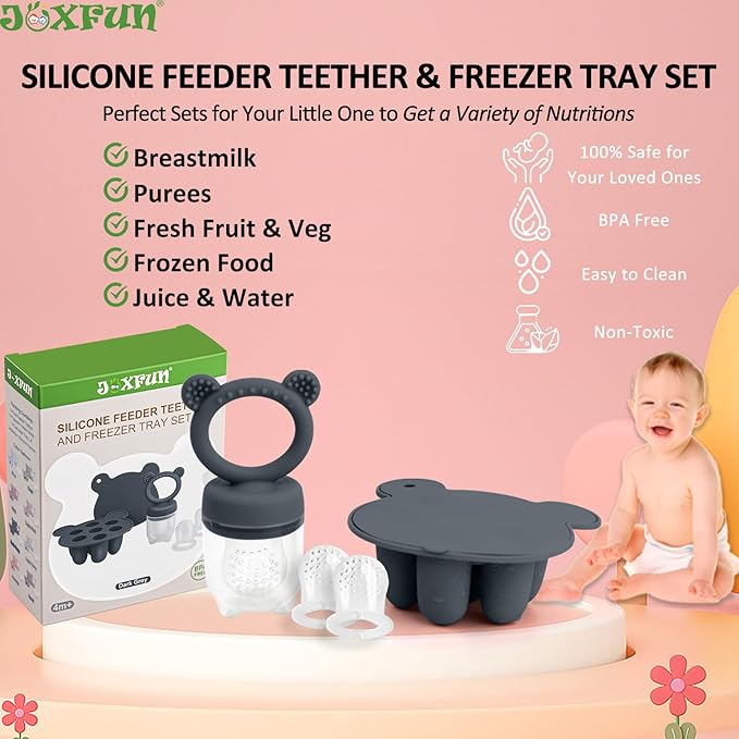 JEXFUN Silicone Baby Food Feeders + Freezer Tray for Batch Prep, Introduce New Foods Safely, Double as Silicone Teething Toys, BPA Free Silicone Feeder for Safe Infant Self Feeding - (Dark Grey)