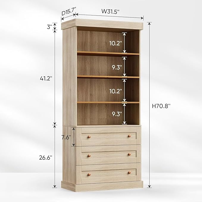 Vyre 71" Tall Farmhouse Bookshelves with Drawers, Large Modular Bookcase with Adjustable Shelves, Storage Cabinet for Living Room， Home Office, Kitchen, Brown