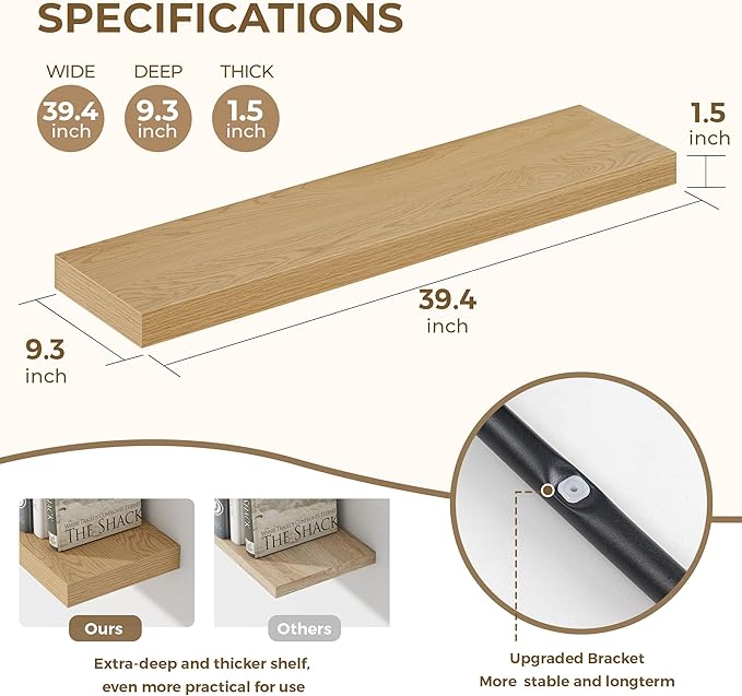Dreamland 40 Inches Floating Shelves for Wall, 9.3" Deep Long Floating Shelves Set of 2, Large Display & Storage Shelf, Wall Shelf for Bathroom Bedroom Living Room Kitchen Office, Oak