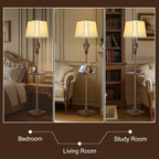 65" High Vintage Floor Lamp with Night Light and Glass Tray, Farmhouse Standing Lamp with Beige Faux Silk Shade, Retro Rustic Tall Lamp Decor for Living Room, Bedroom, Bedside, Corner (Bulb Included)