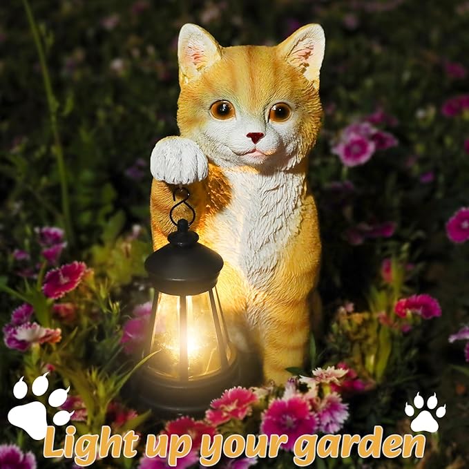 Solar Powered Outdoor Cat Garden Statue, Crafted Garden Sculptures & Statues for Patio, Yard, Lawn, Gardening Gifts for Women and Mom(11" Cat)