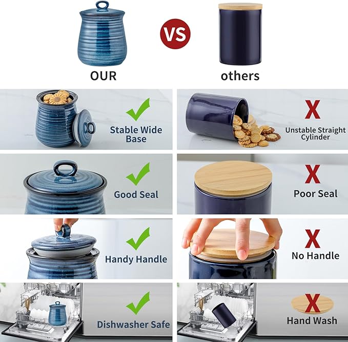 Hasense Ceramic Food Storage Jar with Airtight Seal Lid, 35 Ounce Kitchen Canister Container for Cookie, Ground Coffee, Pasta, Cereal, Flour, Sugar, Rice, Seasoning and Pet Treat, Navy