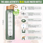 Aqulea Glass Water Bottles 25 Oz with Silicone Sleeve - BPA Free Reusable Wide Mouth Glass Motivational Water Bottles with Fruit Infuser – Leak Proof Borosilicate Water Bottle with Time Marker (Green)