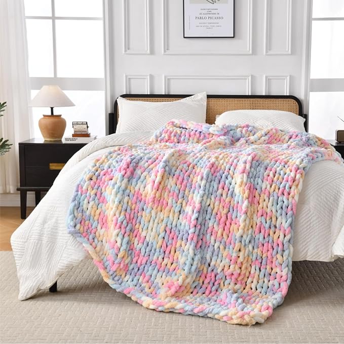 Ultra Soft Chunky Knit Blanket Throw -50x70 Hand Knitted Warm Chenille Throw Blanket, Home Decor Soft Thick Yarn Cable Knit Blanket Breathable Fleece Banket Christmas for Couch Bed Sofa Best GIF