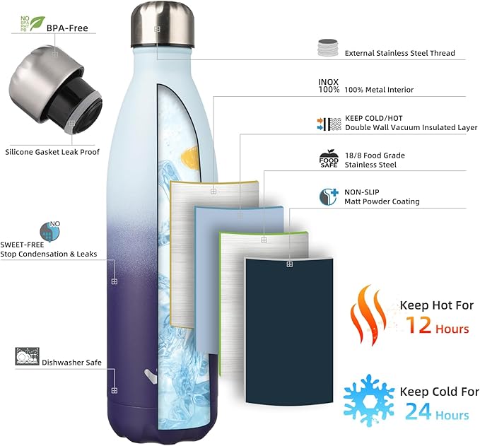 Insulated Water Bottles,25 oz Double Wall Stainless Steel Vacumm Metal Flask for Sports Travel,Ocean Dream