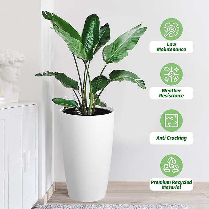 22" Tall Round Planter Set of 2, Self Watering Pots for Indoor Plants, Large Flower Pot Outdoor with Built-in Drainage and a Water Level Monitor, for Patio, Porch, Living Room, or Home Office, White