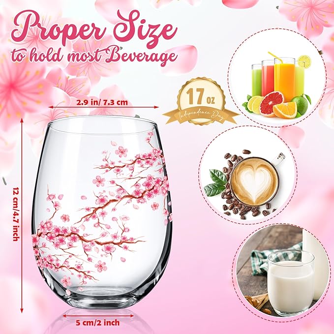 Sliner 2 Pack 17oz Cherry Blossom Stemless Wine Glasses Floral Drinking Glasses Cherry Blossom Tumbler Cups for Women Birthday Anniversary Gift Parties Supplies